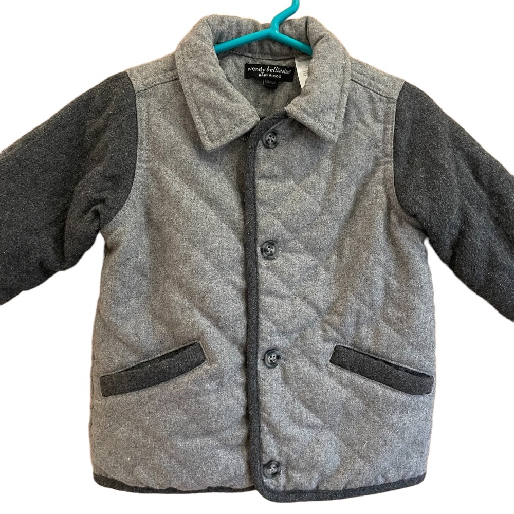 Gray button up quilted wool/poly jacket, fully lined, sz 18 months. - Picture 1 of 7